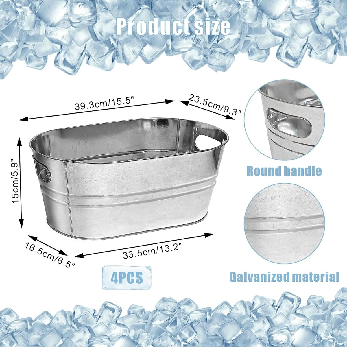 4 Pack Galvanized Tub Ice Bucket, 3 Gallon Large Metal Drink Buckets