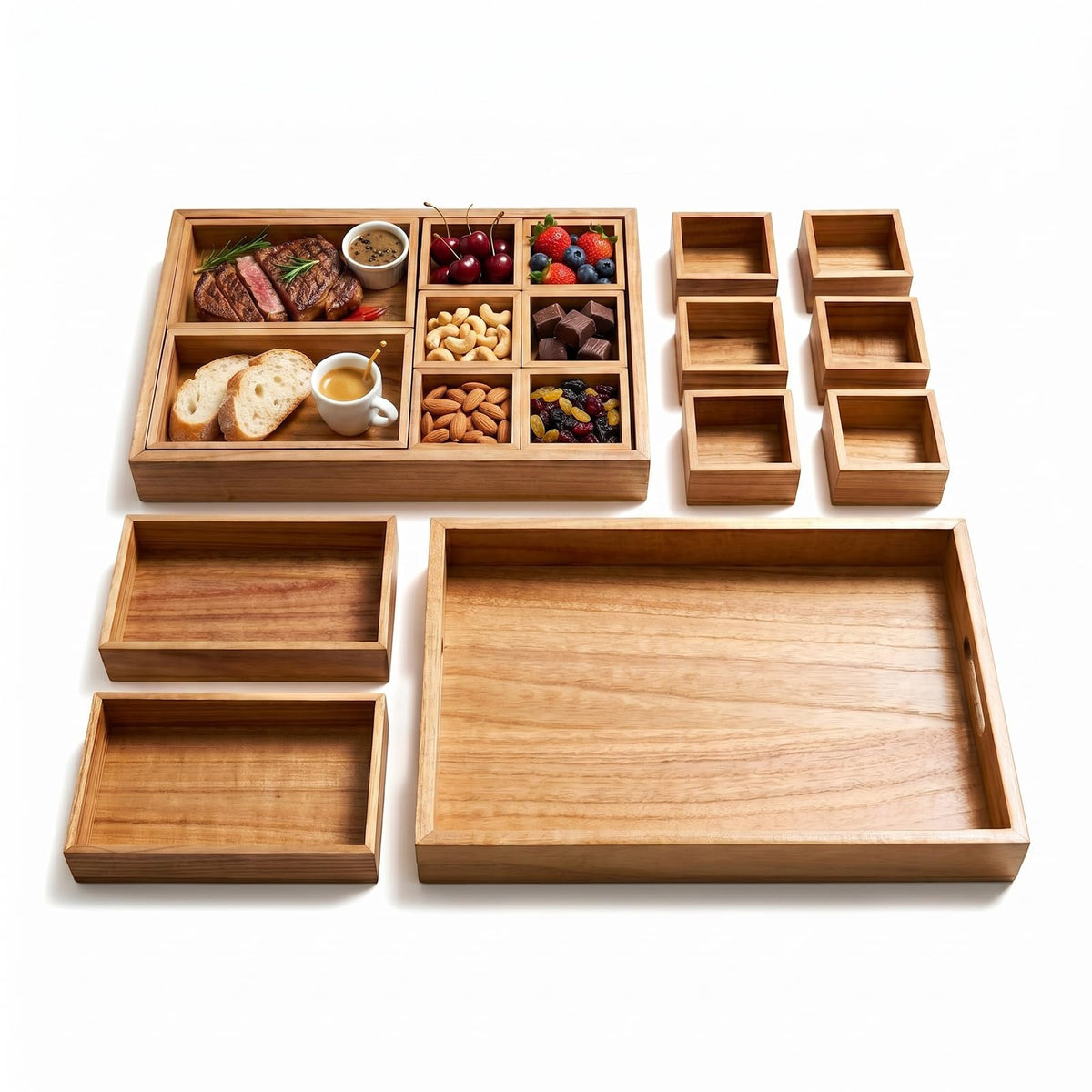 Natural Bamboo Serving Tray with Handles, Multi‑Compartmen tparty Food Tray