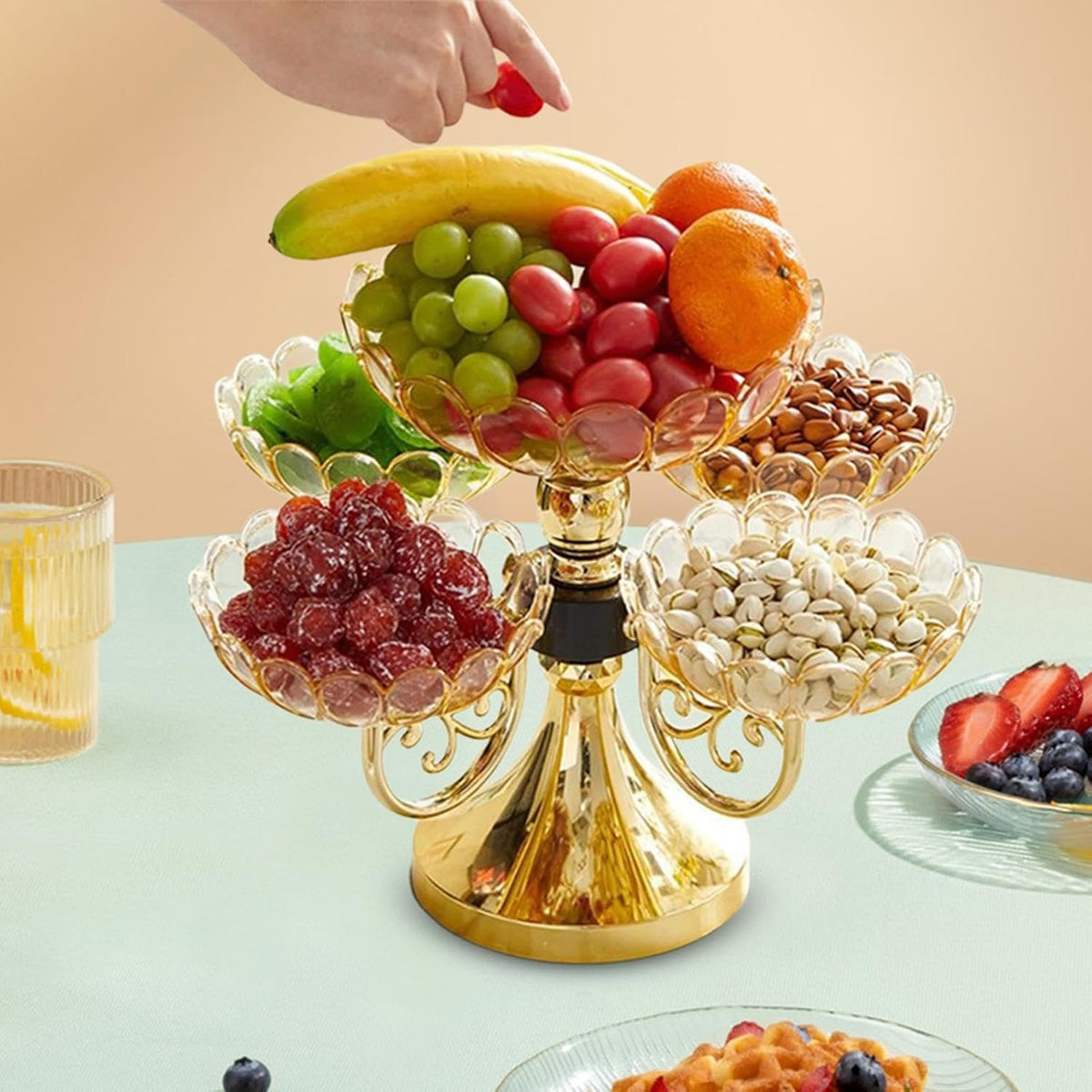 Fruit Plate with 5 Bowls – Flower Shape Appetizer Platter, Rotating Snack Serving Tray with 5 Compartments, for Nuts Candy Veggie, Office Party Cafe – PP Material, 11.8 x 6.1 Inch