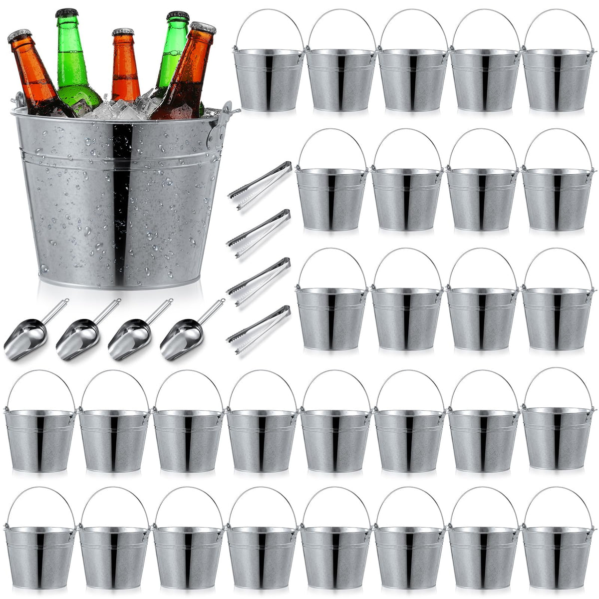 Zopeal 24 Pcs Galvanized Beer Buckets with Scoops Tongs, Retro