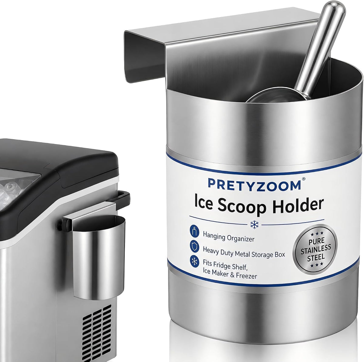 PRETYZOOM Ice Scoop Holder Hanging Organizer, Heavy Duty Metal Storage Box for Fridge Shelf, Ice Maker, Freezer, Supermarket, Home Use