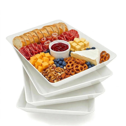 Serving Tray Platter, 4 Pack Food Tray for Veggie Fruit Snack Dessert Cookie Cheese, Food Trays for Party Supplies Display, Plastic Platters for Serving Food, Large White Trays, BPA Free