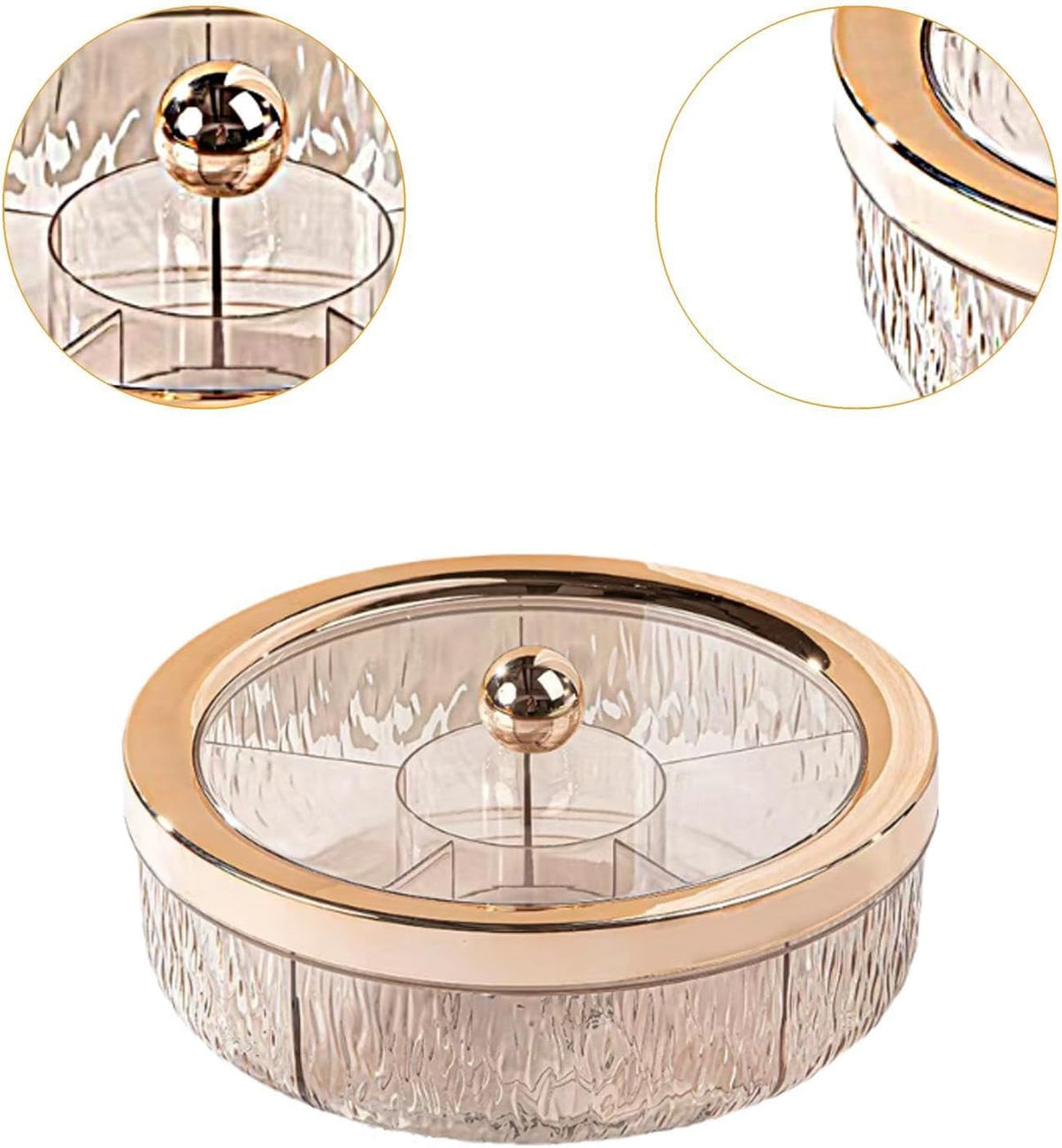 Rotating Divided Serving Tray with Lid, 6-Compartment Candy and Snack Platter, Rose Gold, for Wedding Party and Home Entertaining
