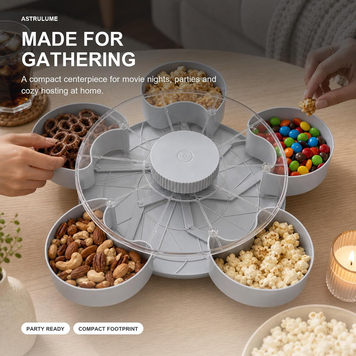 Rotating Divided Snack Tray with Lid,5-Section Platter(Blue)