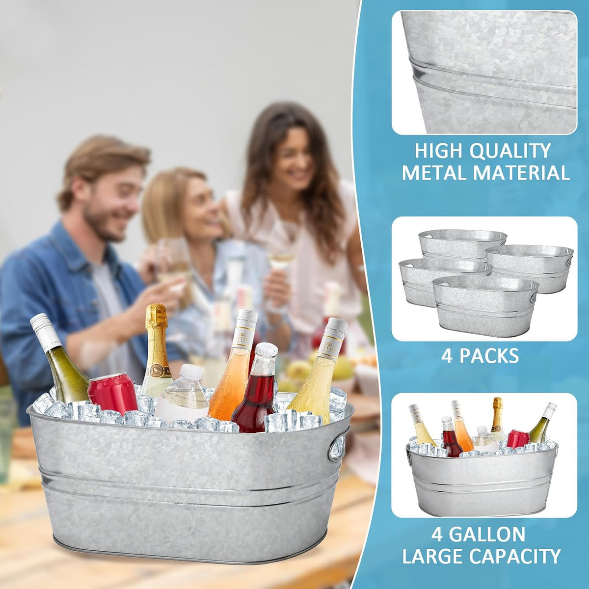 2 Pack 4 Gallon Galvanized Ice Buckets Beverage Tubs for Parties