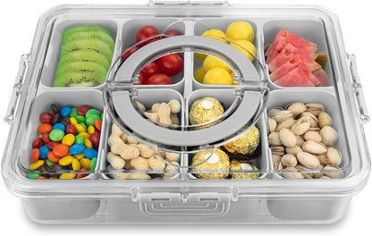 Divided Serving Tray with Lid and Handle,8 Compartments Snacks Box,Snack Fruit and Veggie Tray,Portable Platter for Candy Fruits Nuts Snack Party Entertaining Picnic (1 PCS Grey)