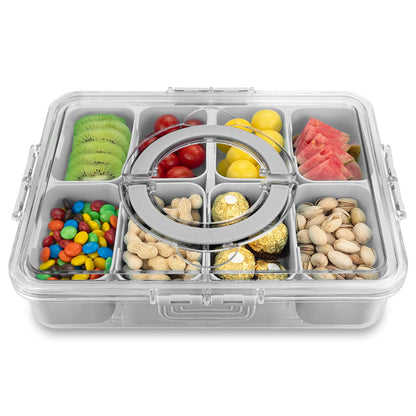 HRXFOZ Divided Serving Tray with Lid and Handle, 8 Compartment Snack Box, Portable Snack Platter for Fruits, Veggies, Nuts, Party Entertaining, Picnic (2 PCS)