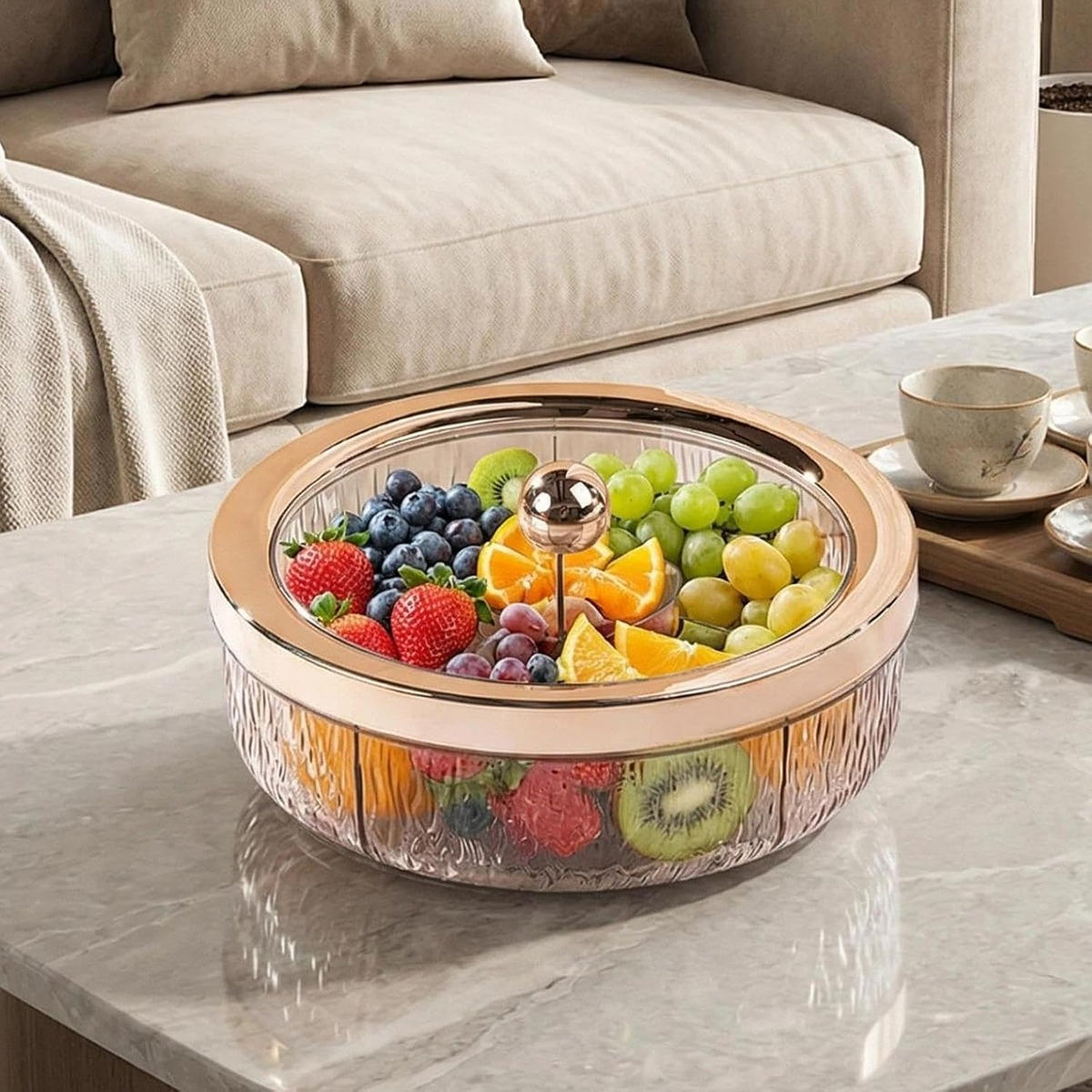 Rotating Divided Serving Tray with Lid, 6-Compartment Candy and Snack Platter, Rose Gold, for Wedding Party and Home Entertaining
