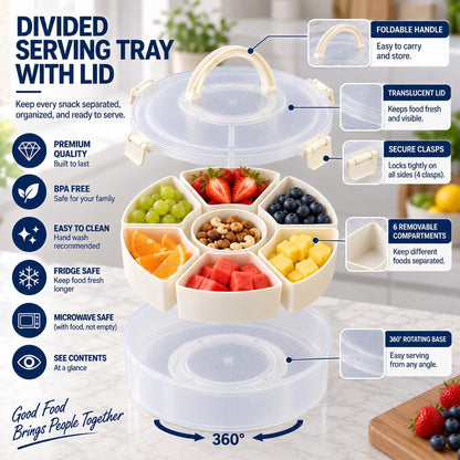 Rotating Divided Serving Tray with Lid, 6-Compartment Snackle Box