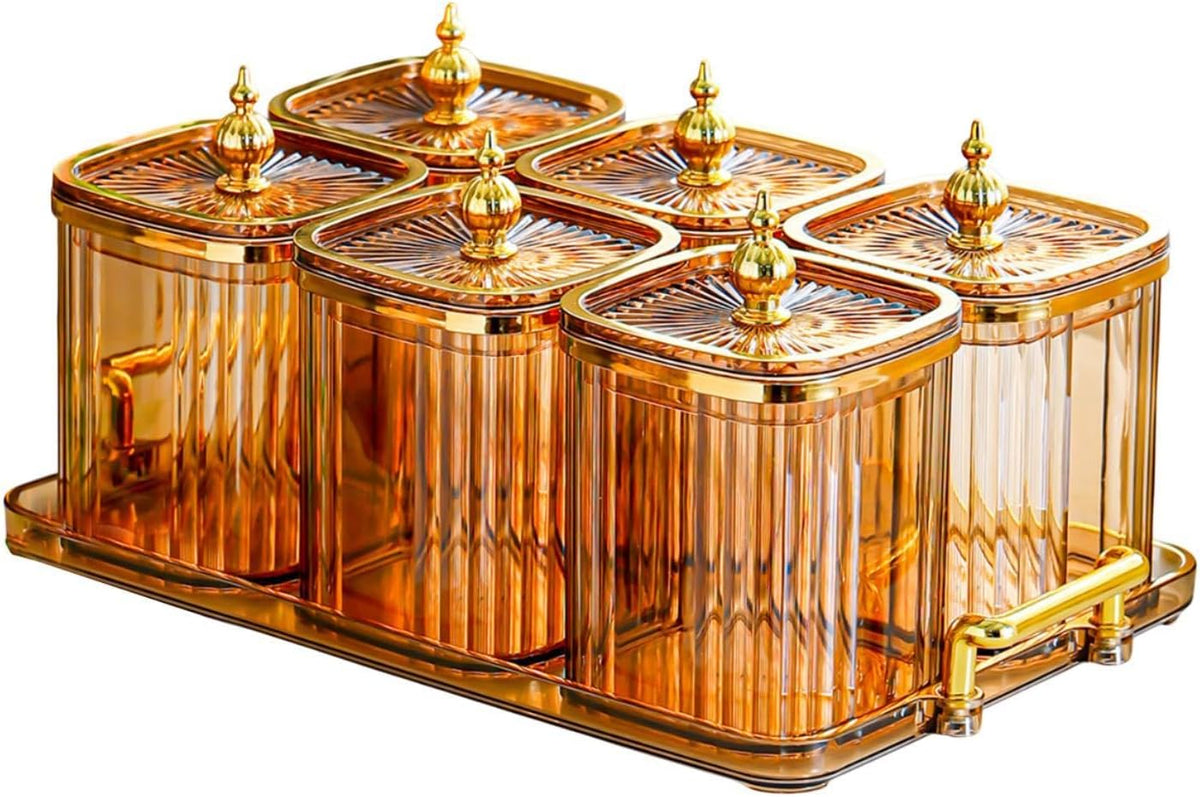 Dry Fruit Jars with Lid Set, Dustproof Multifunctional with Tray Snack Container,Sugar Jars for Dining Room Kitchen, Amber