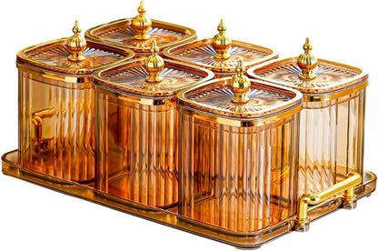 Dry Fruit Jars with Lid Set, Dustproof Multifunctional with Tray Snack Container,Sugar Jars for Dining Room Kitchen, Amber