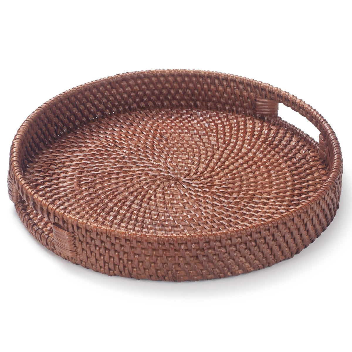 YANGQIHOME Rattan Round Serving Tray, Decorative Coffee Table Tray, Hand Woven Serving Basket with Handles, Ottoman Wicker Fruit/Bread Serving Basket, 13.8 inch