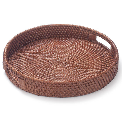 YANGQIHOME Rattan Round Serving Tray, Decorative Coffee Table Tray, Hand Woven Serving Basket with Handles, Ottoman Wicker Fruit/Bread Serving Basket, 13.8 inch