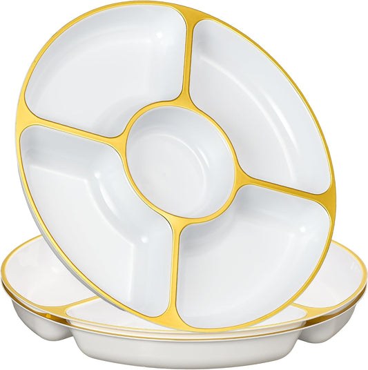 PLASTICPRO 5 Sectional Round Plastic Heavy duty Serving Tray/Platters White With Gold Rim Pack of 2
