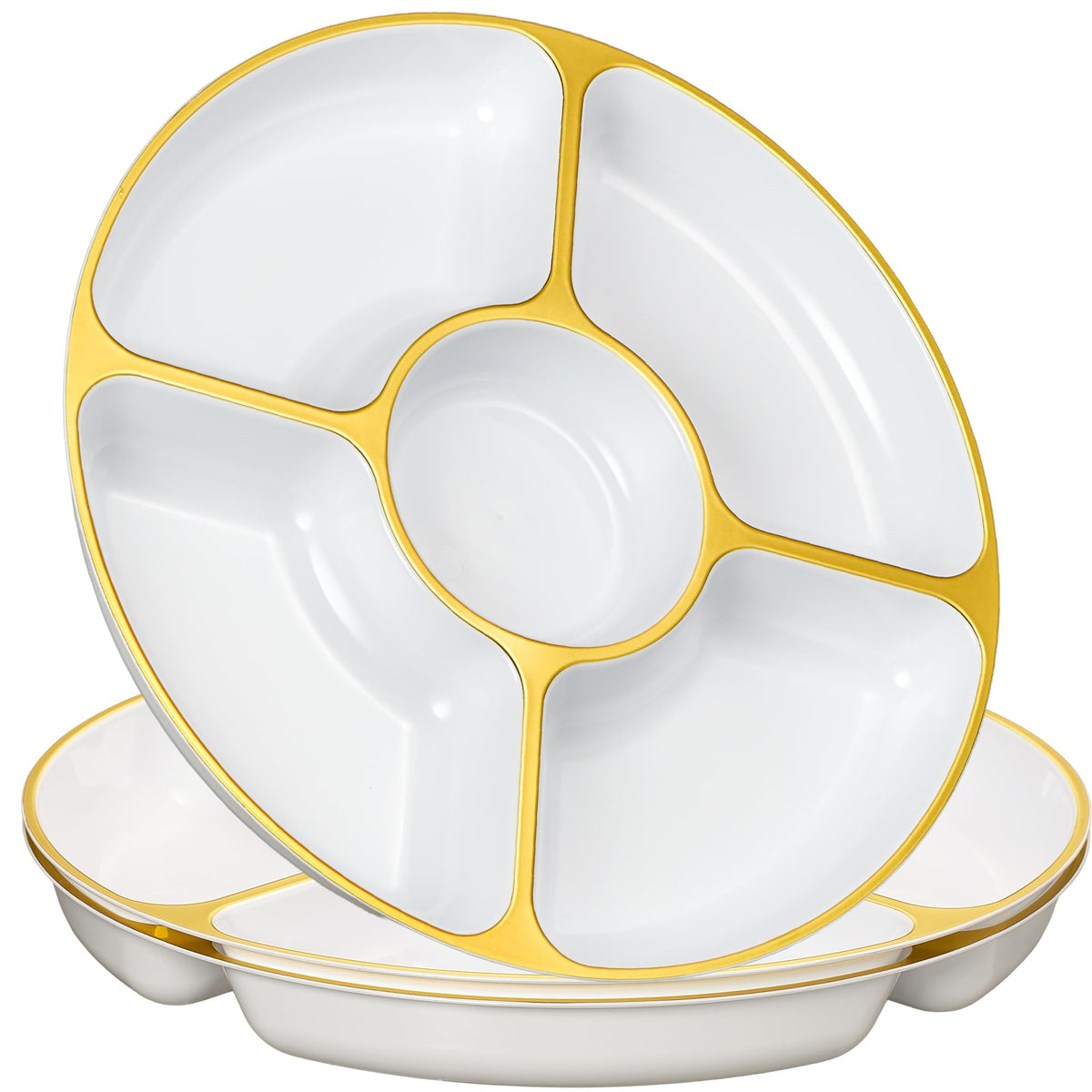 PLASTICPRO 5 Sectional Round Plastic Heavy duty Serving Tray/Platters White With Gold Rim Pack of 2