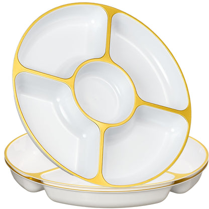 PLASTICPRO 5 Sectional Round Plastic Heavy duty Serving Tray/Platters White With Gold Rim Pack of 2