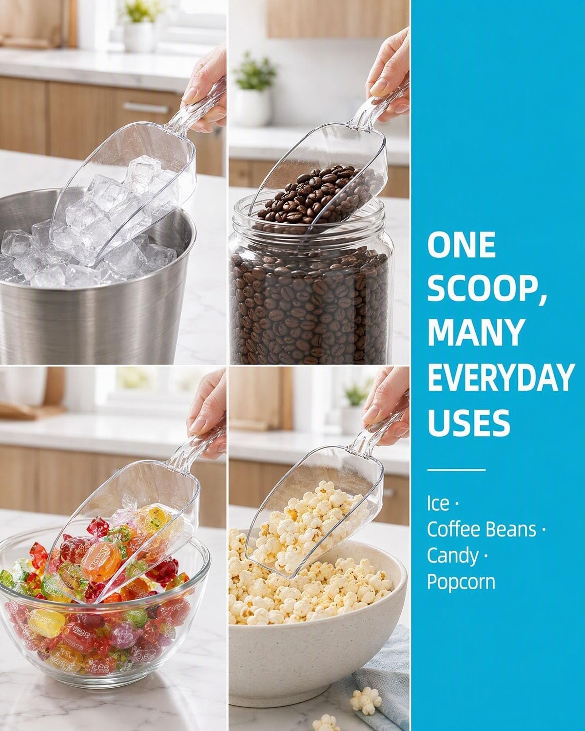 Kichvoe 2Pcs Clear Plastic Ice Scoop, Ergonomic Food Scoops 8.45x2.36in