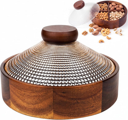 Blushtier Acacia Wood Snack Box with Glass Lid 8" Removable 4 Compartment Serving Tray Candy Nut Organizer Chip Dip Platter for Party Fruit Coffee Table Home Decoration Storage Box