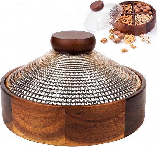 Blushtier Acacia Wood Snack Box with Glass Lid 8" Removable 4 Compartment Serving Tray Candy Nut Organizer Chip Dip Platter for Party Fruit Coffee Table Home Decoration Storage Box