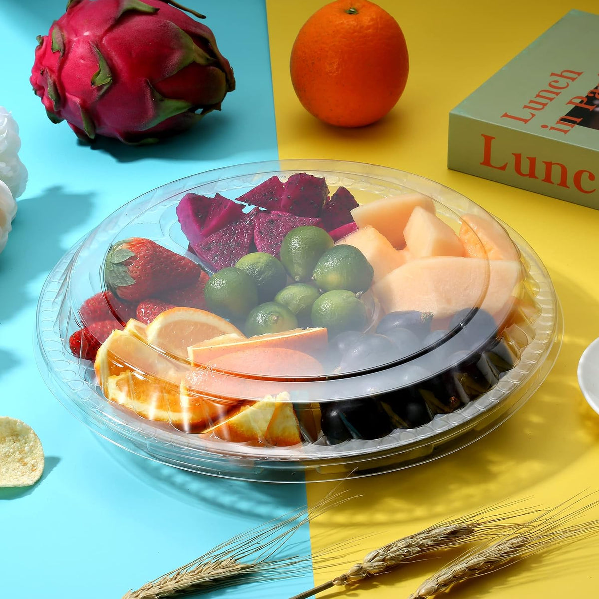 12 Pack Round Plastic Veggie Tray with Lid Fruit Tray 6 Divided Compartment Container Food Serving Dip Platter Reusable Catering Trays for Veggie Fruit Snack Party and Buffet Trays（Clear，12inch）
