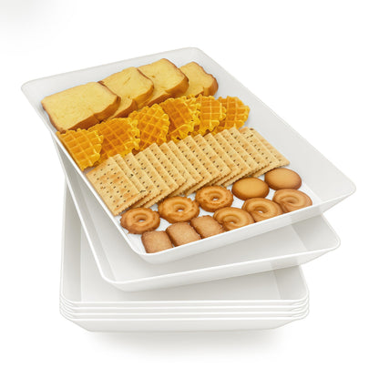 Serving Tray Platter, 4 Pack Food Tray for Veggie Fruit Snack Dessert Cookie Cheese, Food Trays for Party Supplies Display, Plastic Platters for Serving Food, Large White Trays, BPA Free