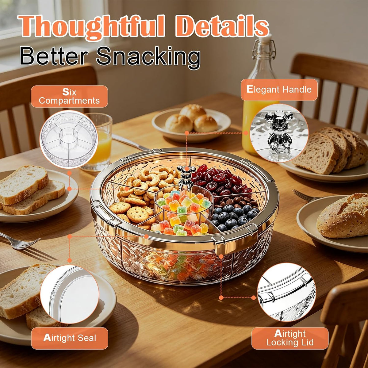 Snack Tray with Lid, 6-Compartment Clear Storage Box