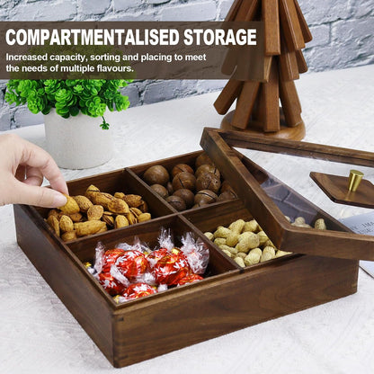 Koqye 4-Compartment Snack Tray with Lid - North American Walnut Serving Platter for Dry Fruits/Nuts/Candy, Multi-Purpose Party Food Storage Container