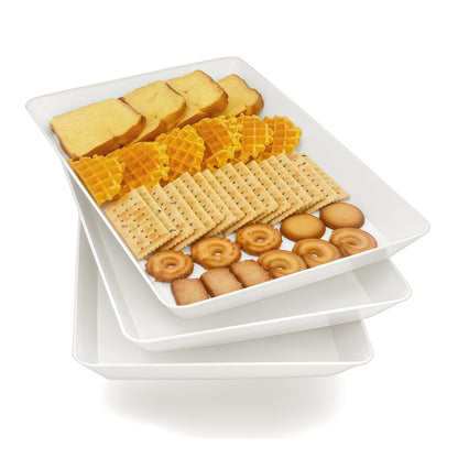 Serving Tray Platter, 4 Pack Food Tray for Veggie Fruit Snack Dessert Cookie Cheese, Food Trays for Party Supplies Display, Plastic Platters for Serving Food, Large White Trays, BPA Free