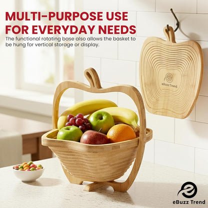 Apple Shaped Foldable Bamboo Dried Fruits Basket & Tray – Collapsible Wooden Fruit Bowl Holder for Kitchen Table & Holiday Decor