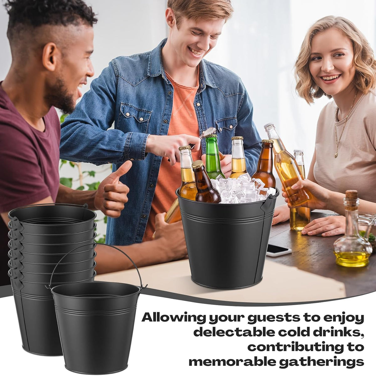 Didaey 12 Pcs Metal Beer Bucket Bulk Ice Bucket, 7.1 x 6.5 x 5.1, Black