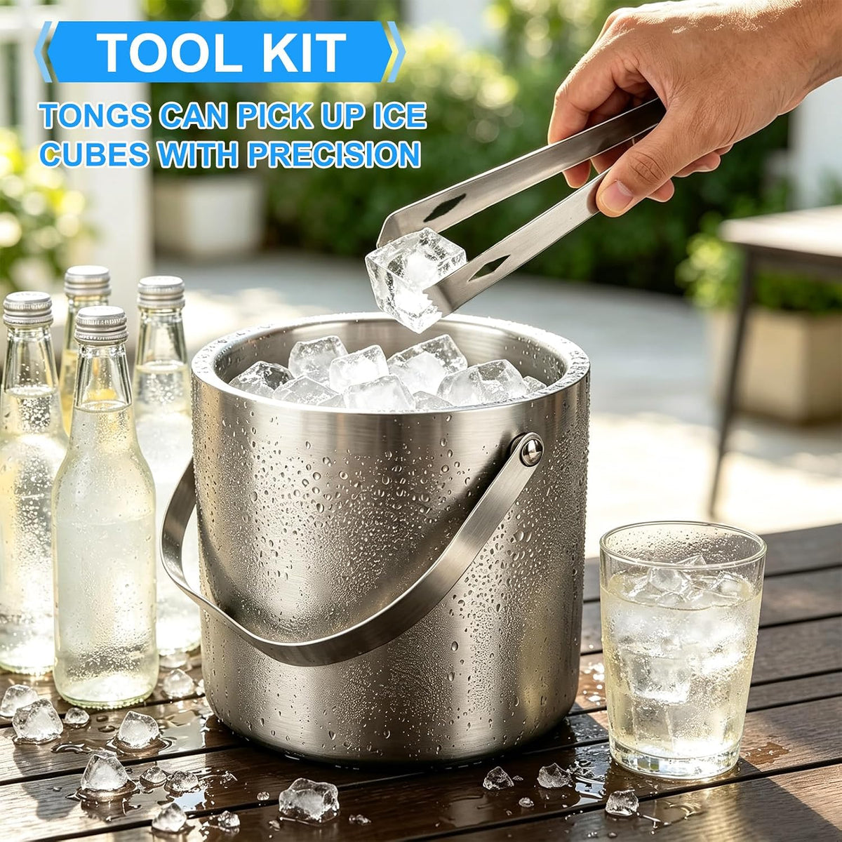 Stainless Steel Ice Bucket,3L Insulated Ice Bucket With Lid & Tongs