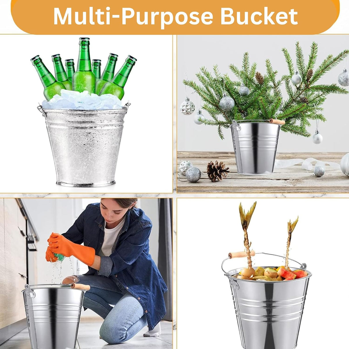 2 Gallon Natural Galvanized Steel Bucket/Pail with Handle | for Kitchen, Outdoor, Camping, Champagne Drink Cooler Storage Ice Pails, Succulents, Home Parties Bar Cooling Supplies, 8 Quarts