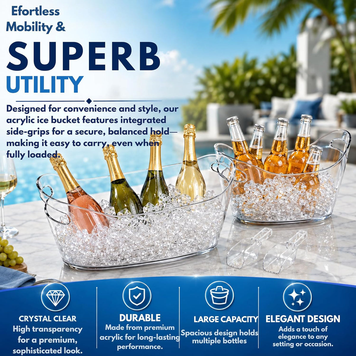6.5L Acrylic Ice Bucket for Parties, 2 Pack champagne bucket with scoop Heavy-Duty Drop-Resistant Beverage Tub for Wine, Champagne, Beer, Drink Chiller for Mimosa & Wine Bar