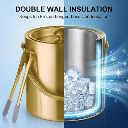 3L Gold Ice Bucket with Lid & Tong, Double Wall Wine Chiller