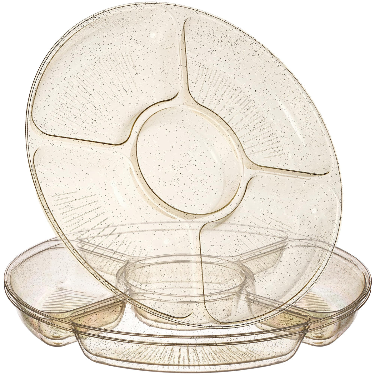 PLASTICPRO 5 Sectional Round Plastic Heavy duty Serving Tray/Platters White With Gold Rim Pack of 2