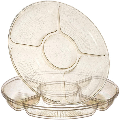 PLASTICPRO 5 Sectional Round Plastic Heavy duty Serving Tray/Platters White With Gold Rim Pack of 2