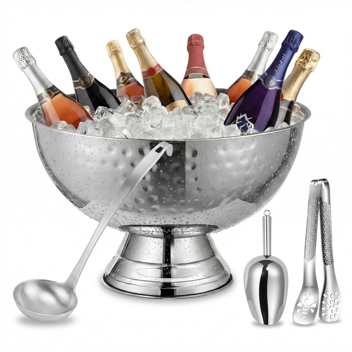 Large Ice Bucket for Parties & Punch Bowl Set, 12L, Silver