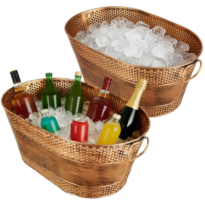 1 Pack 4 Gallon Galvanized Ice Bucket, Large Galvanized Beverage Tub Ice Bucket for Parties, Thick Metal Beverage Buckets with Handles, Oval Drink Buckets for Parties Indoor or Outdoor (Copper)