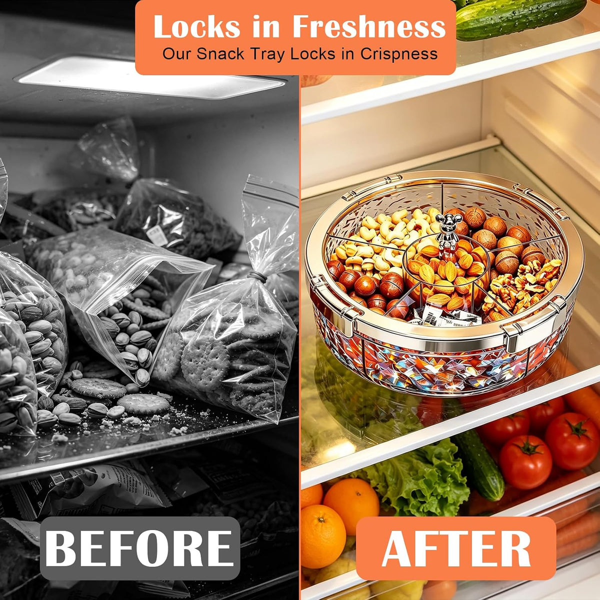 Snack Tray with Lid, 6-Compartment Clear Storage Box