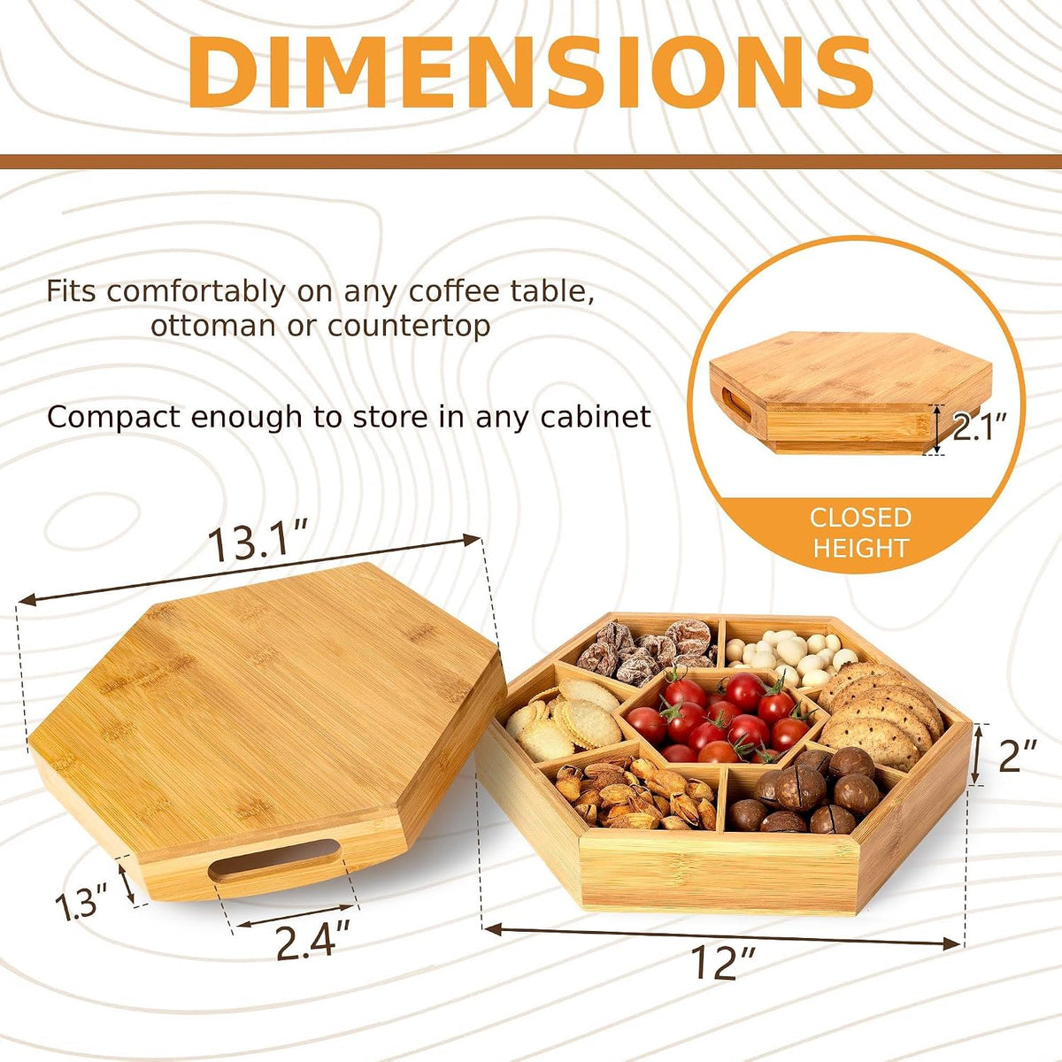 Snack and Serving Tray Set – 13" Divided Bamboo Appetizer Platter for Dry Fruit, Nuts, Cheese and Charcuterie (Bamboo, 13"x11")