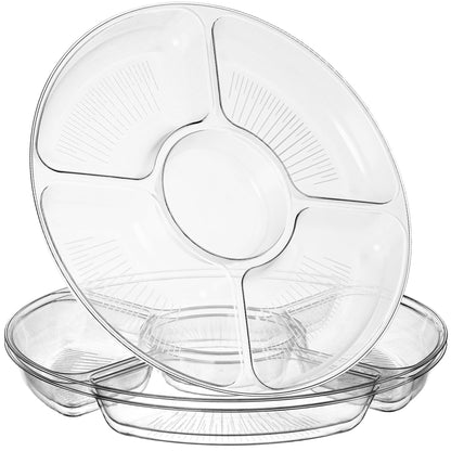 PLASTICPRO 5 Sectional Round Plastic Heavy duty Serving Tray/Platters White With Gold Rim Pack of 2
