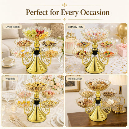 Rotating Snack Serving Tray with 5 Petal-Shaped Bowls, Luxury Divided Serving Dishes for Candy, Dried Fruit Plate for Living Room, Party, Table Decoration