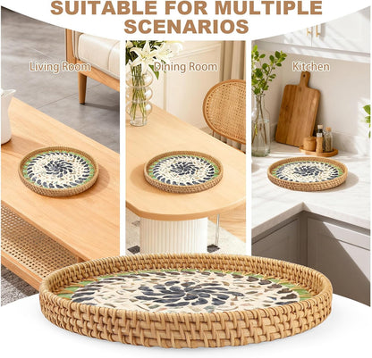 11.8" Decorative Round Rattan Tray with Mother of Pearl, Hand-Woven Wicker Serving Tray, Boho Rattan Basket Platter for Fruit Bread Coffee Counter Dessert Kitchen