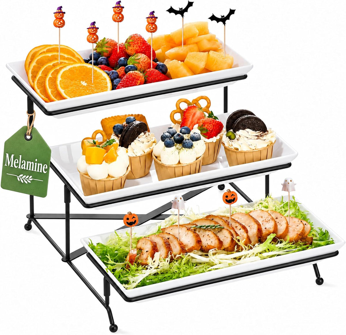 Mfacoy 3 Tier Serving Tray Set, 12" Tiered Serving Trays Platters, Reusable Serving Tray for Party, Collapsible Sturdier Stand with Stable Cross Bars, Serving Platters for Veggie, Fruit, Dessert