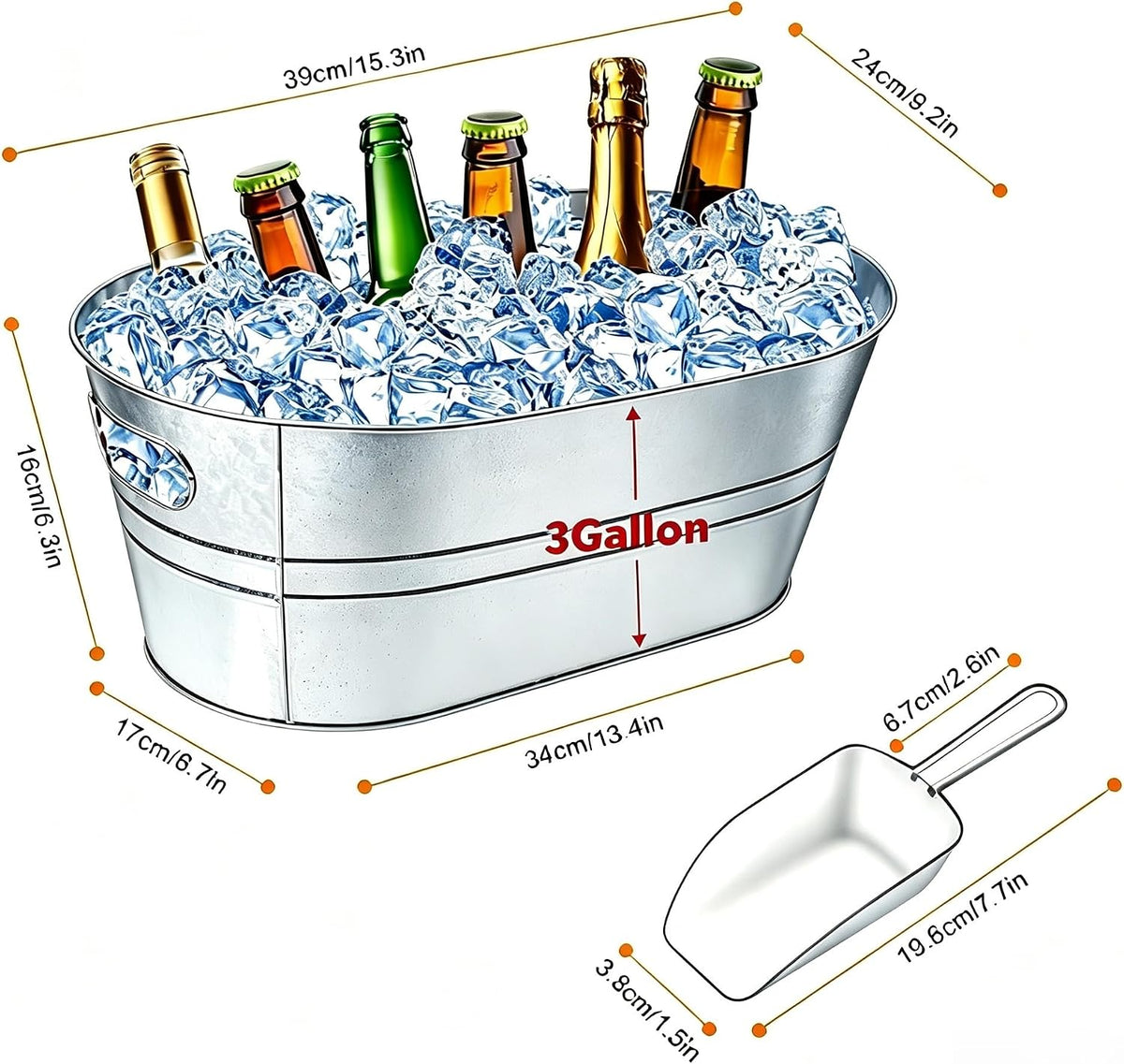 3 Gallon Ice Buckets for Parties, IKAYAS Galvanized Metal Ice Bucket Ice Tub with Scoop for Cocktail Bar Mimosa Bar Supplies, Large Champagne Bucket Beer bucket Metal Tub (2 Pack)