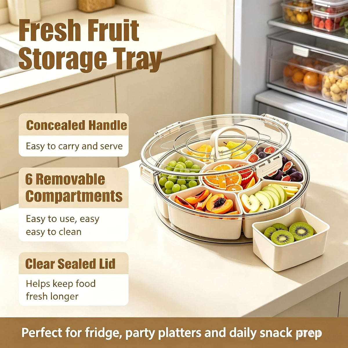 Divided Serving Tray with Lid,Fruit Veggie Platter,6 Compartment Snack Tray