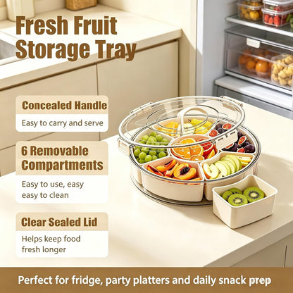 Divided Serving Tray with Lid,Fruit Veggie Platter,6 Compartment Snack Tray