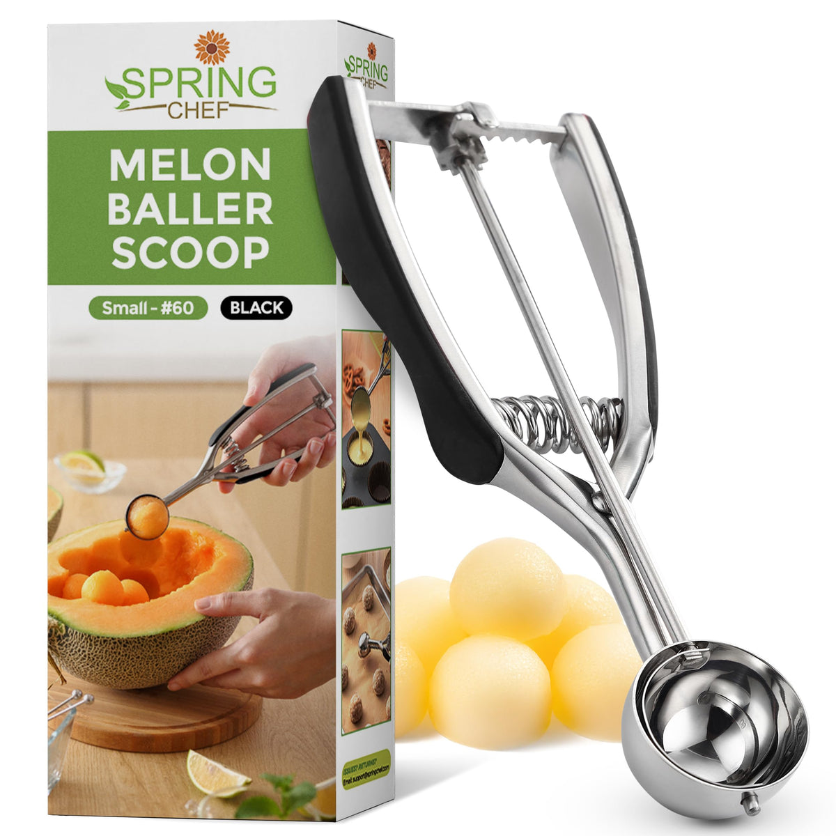 Spring Chef Large Stainless Steel Cookie Scoop, #20, 2.93 Tablespoon, Black
