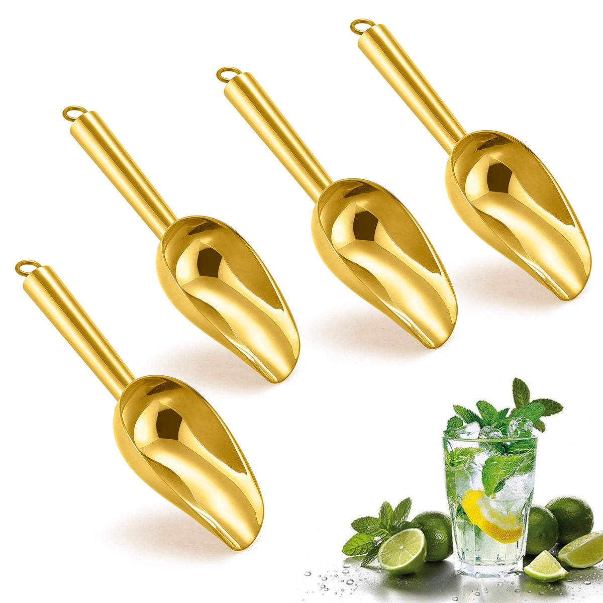 Herogo 3oz Mini ice Scoop Set of 2, Small Stainless Steel Scooper for Candy/Flour/Bean/Pet Food/ Ice Cube, Metal Utility Scoops for Kitchen Bar Party Wedding, Dishwasher Safe & Heavy Duty