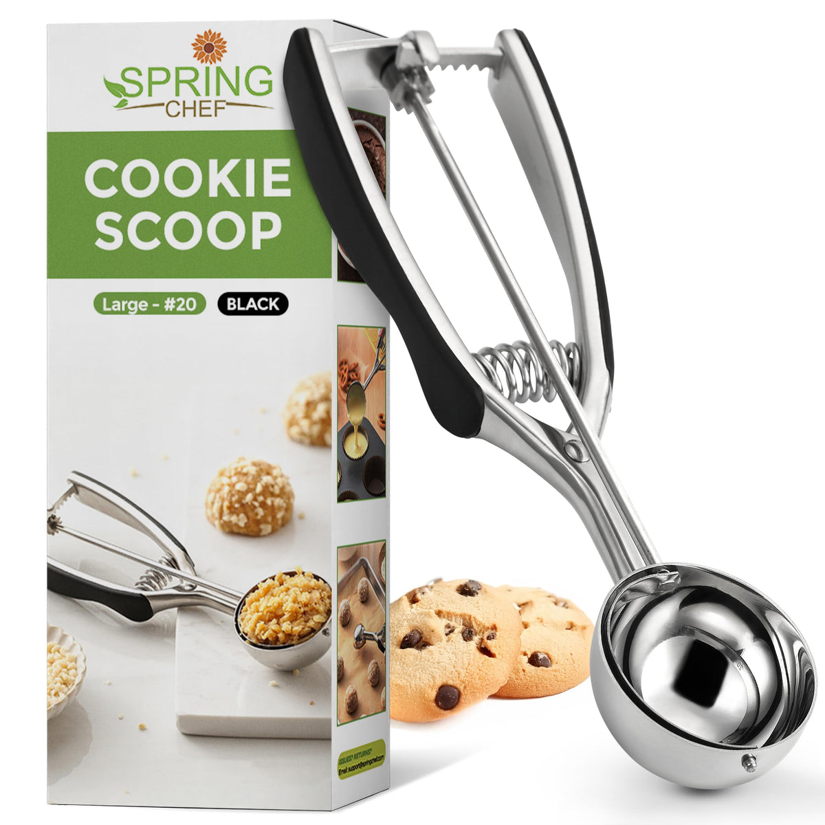 Spring Chef Large Stainless Steel Cookie Scoop, #20, 2.93 Tablespoon, Black